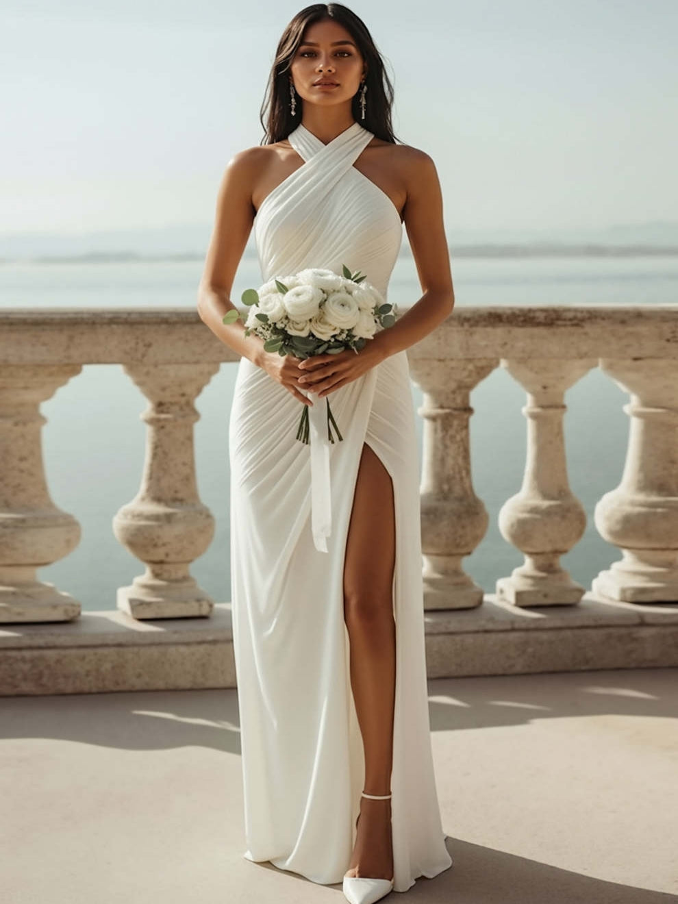 White Criss Cross Neck Chiffon Long Wedding Reception Dress with Slit