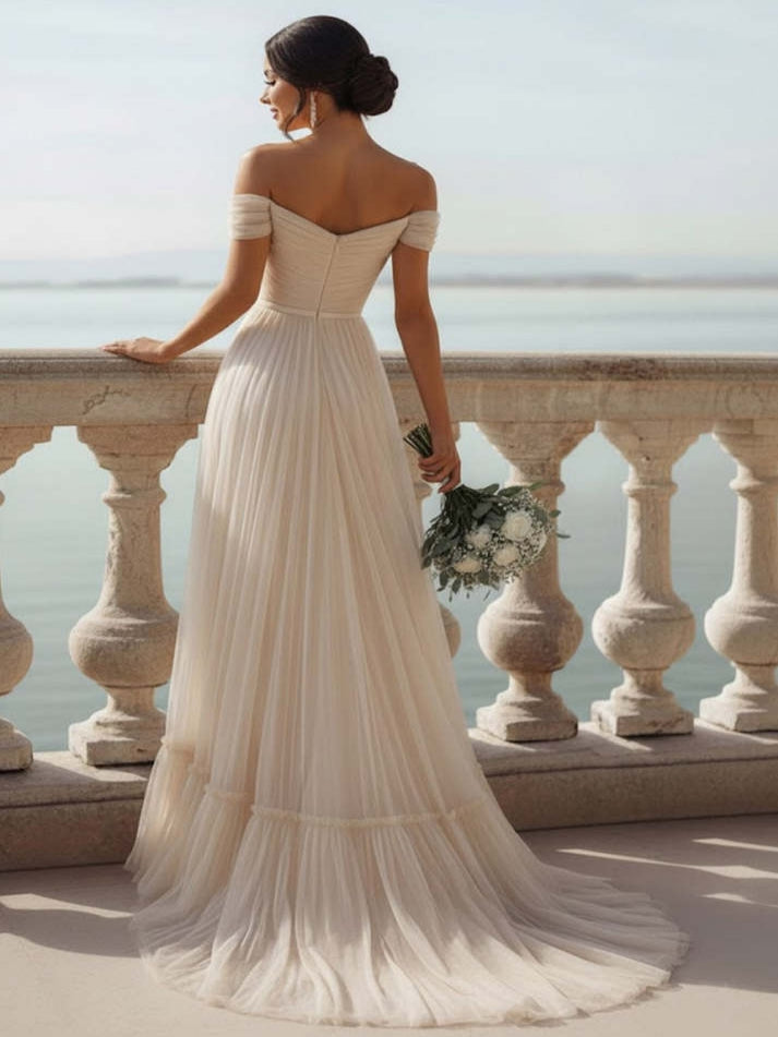 Ivory Tulle Off the Shoulder A Line Long Wedding Reception Dress