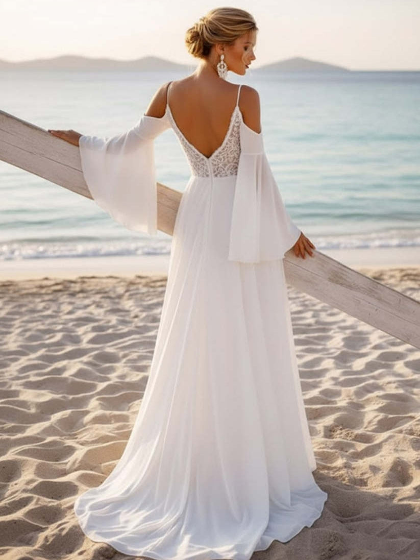 White A Line Cold Shoulder Sweep Train Boho Wedding Dress with Sleeves
