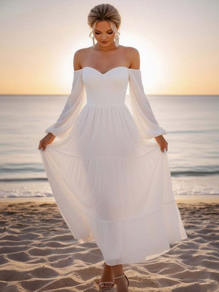 White Off-the-Shoulder Chiffon Long Beach Wedding Dress with Sleeves - FashionDia