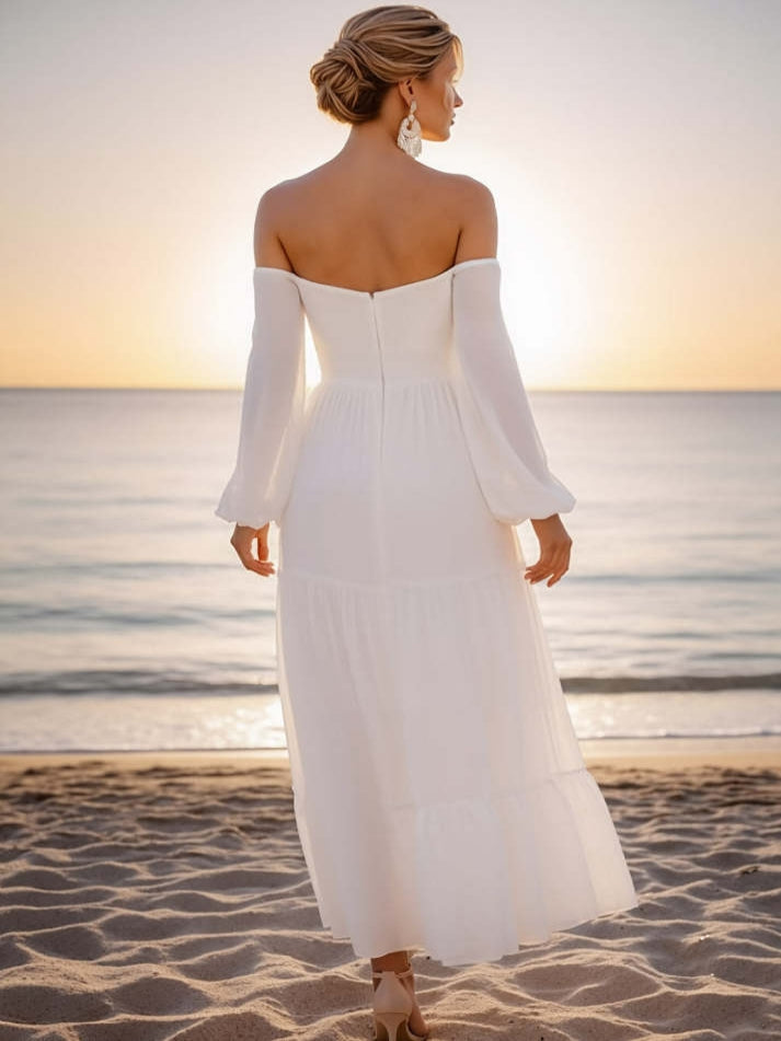 White Off-the-Shoulder Chiffon Long Beach Wedding Dress with Sleeves - View 2 | FashionDia