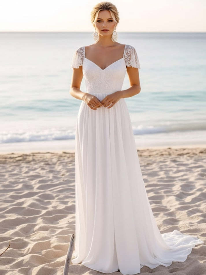 White Chiffon Long Beach Wedding Dress with Lace