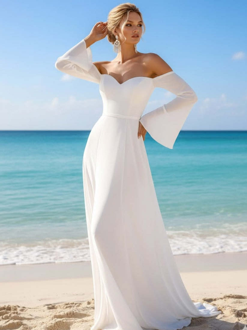 White Chiffon Off the Shoulder Flare Sleeves Long Beach Wedding Dress