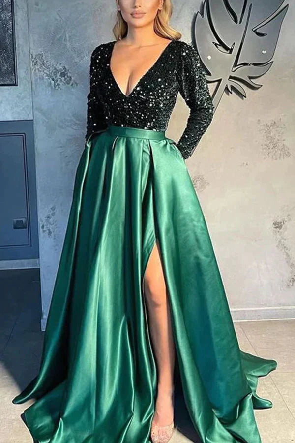 Gorgeous Long Sleeves V-Neck Sequins Satin Prom Dress - View 12 | VelvetHem