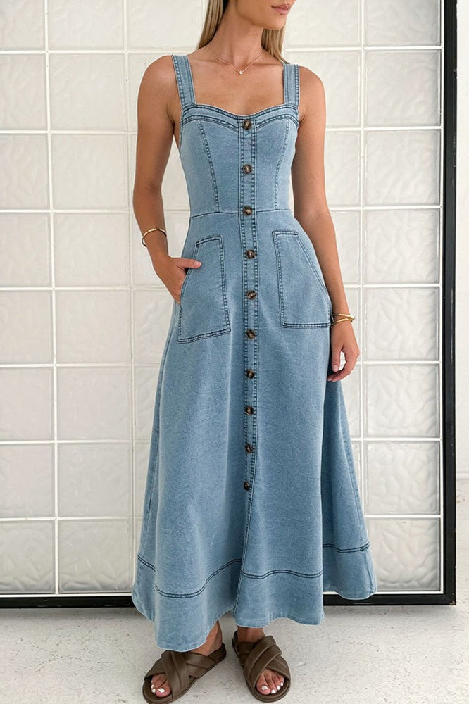 Strappy Backless Maxi Denim Dress - View 2 | VelvetHem