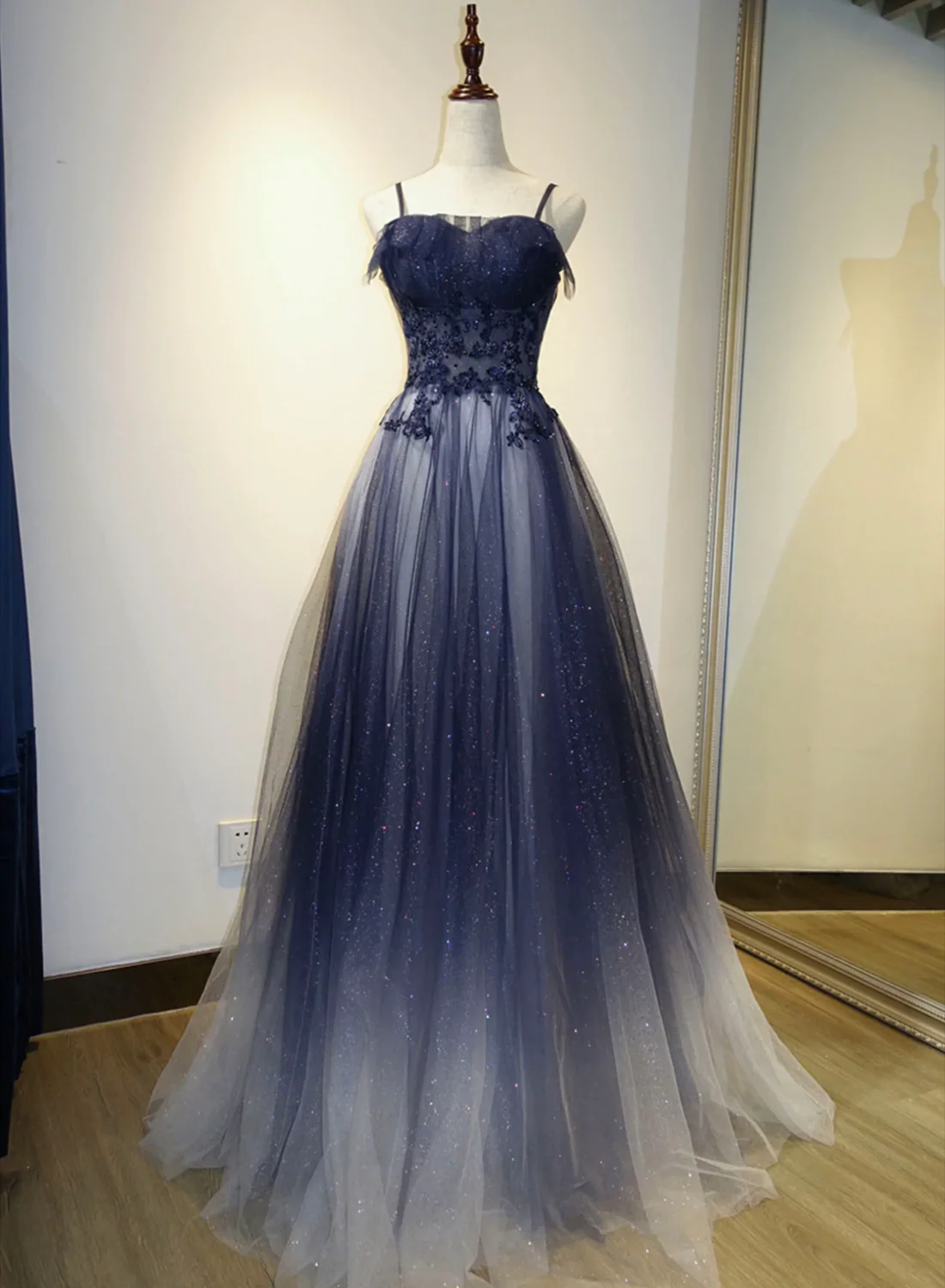 Navy Blue Gradient A-Line Tulle Long Formal Dress J8382