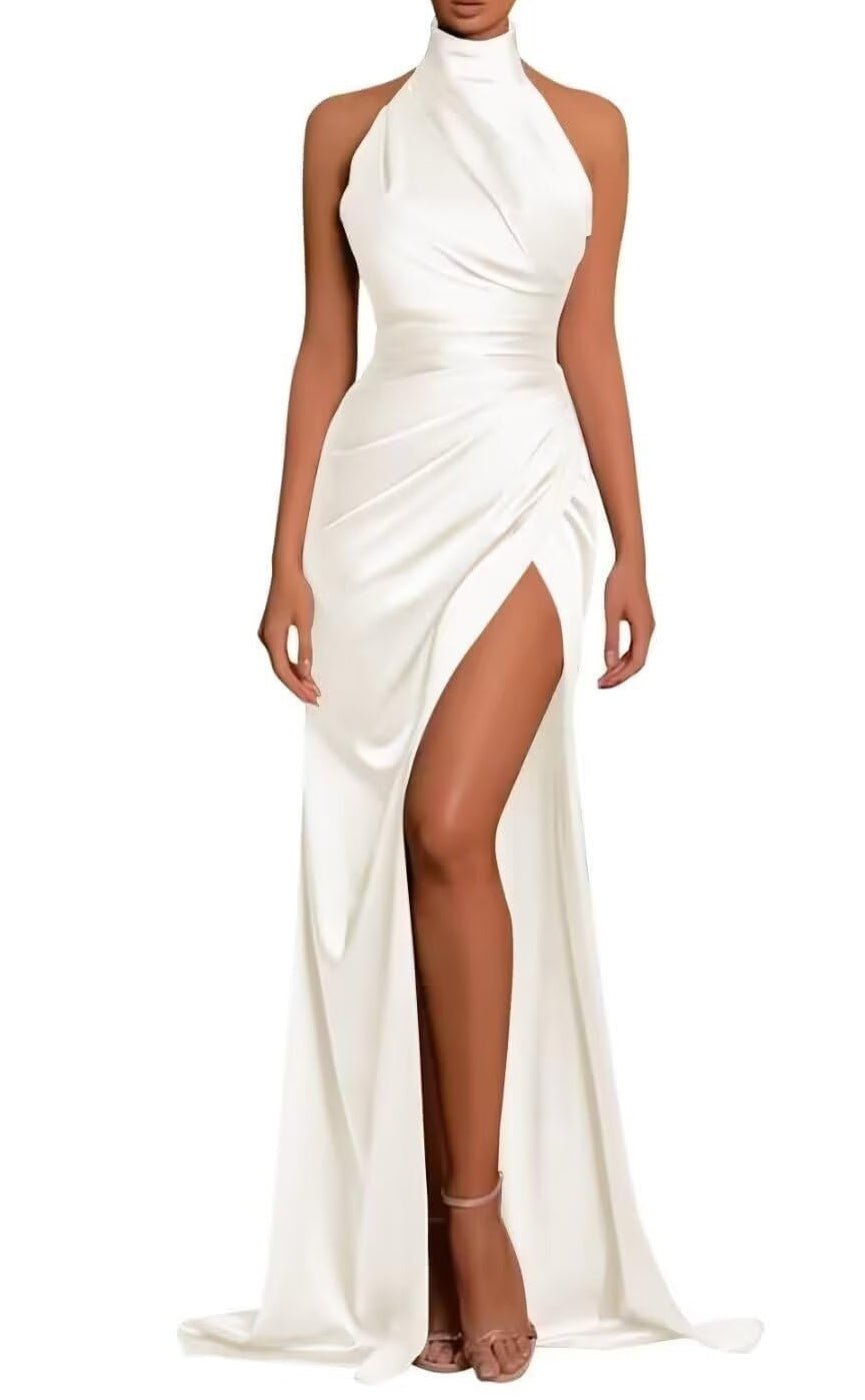 L0967 - Couture High Neck With Train And High Slit Formal Evening Party Prom Dress