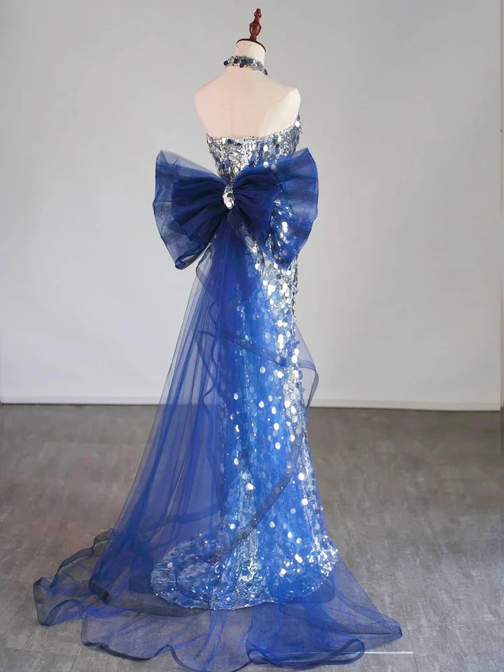 Glitter Silver Sequins Mermaid Evening Dress Long Prom Dress With Bow Y7746 - View 3 | VelvetHem