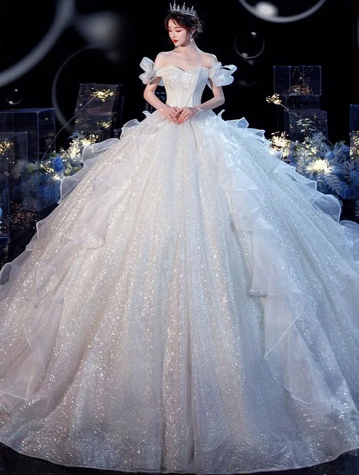 Fairy Romantic Off Shoulder White Wedding Dress Sweep Train Y6878 by simplepromdress