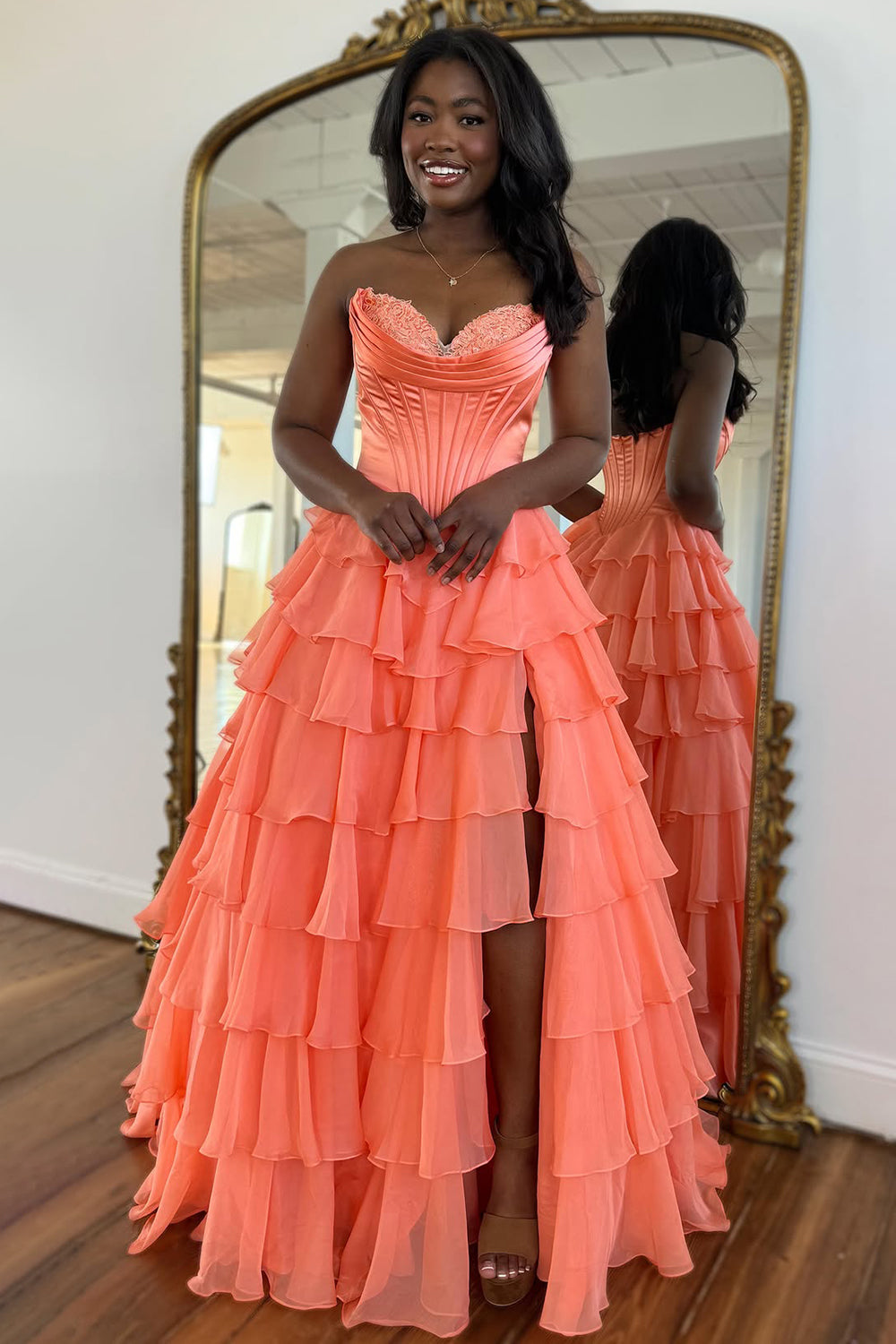 Stunning A-Line Sweetheart Satin Top Long Tiered Chiffon Prom Dress with Slit - View 6 | FashionDia