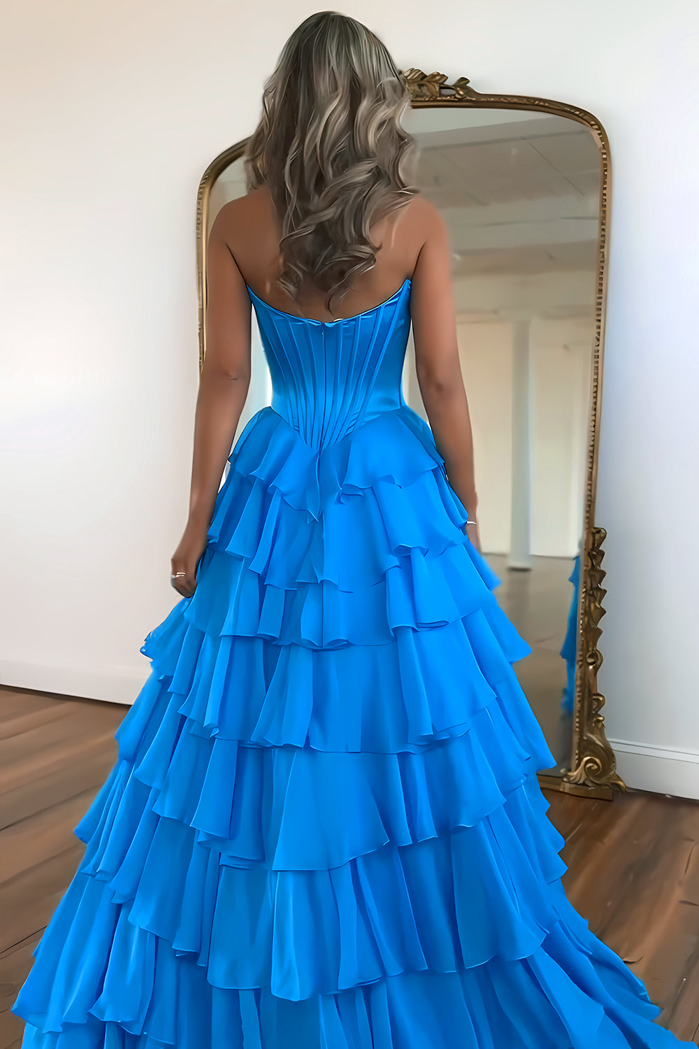 Stunning A-Line Sweetheart Satin Top Long Tiered Chiffon Prom Dress with Slit