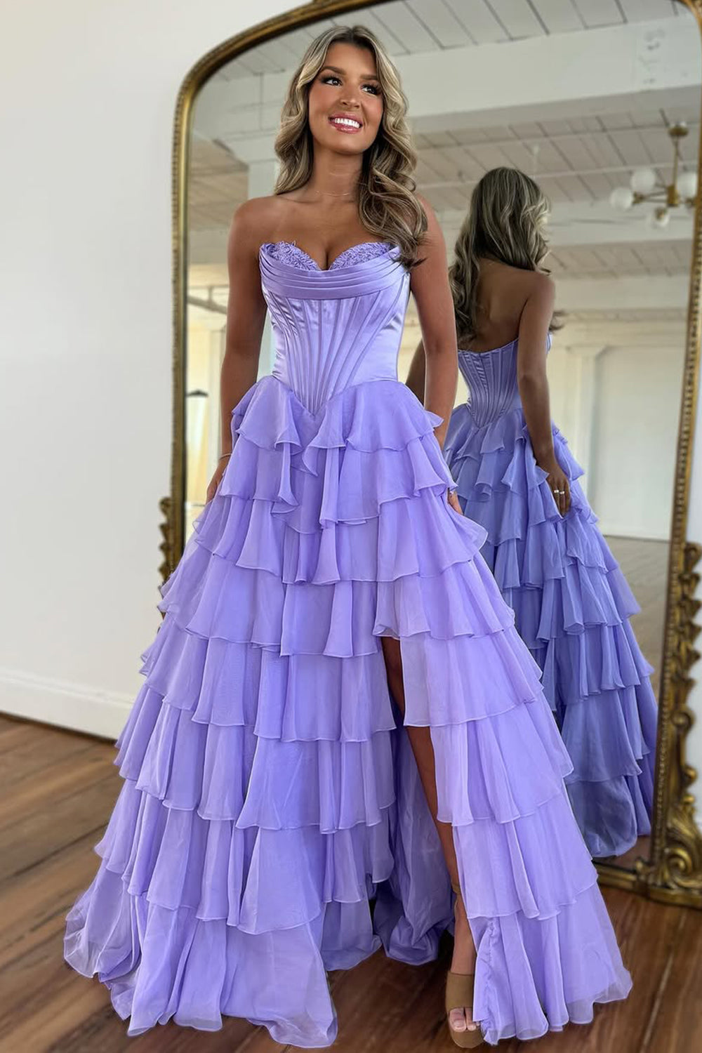 Stunning A-Line Sweetheart Satin Top Long Tiered Chiffon Prom Dress with Slit - View 4 | FashionDia