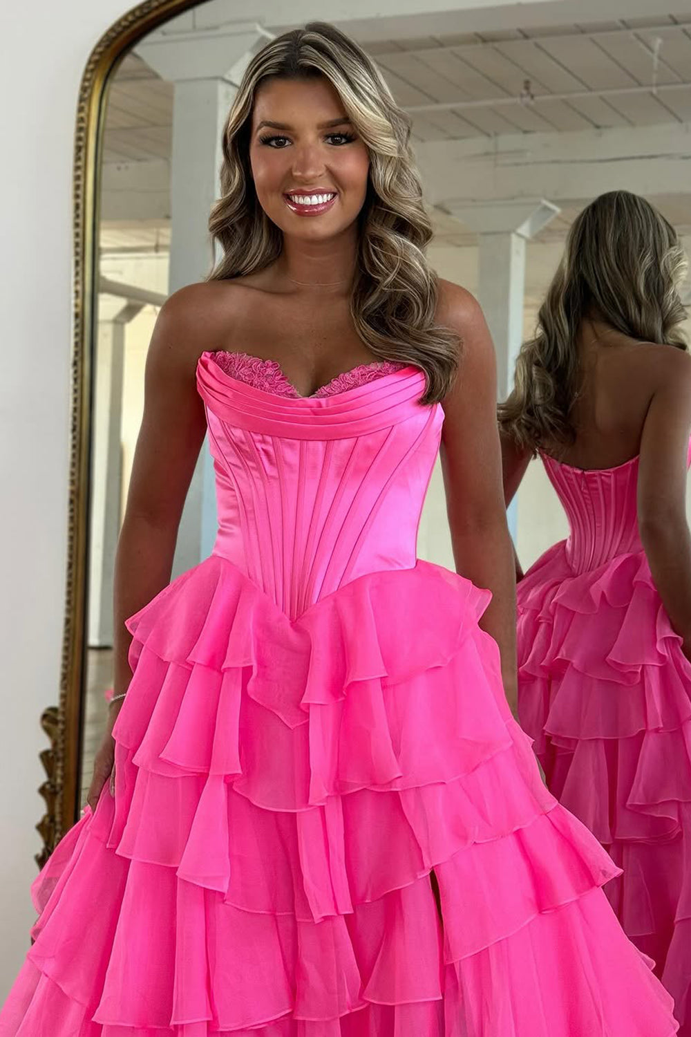 Stunning A-Line Sweetheart Satin Top Long Tiered Chiffon Prom Dress with Slit - View 2 | FashionDia