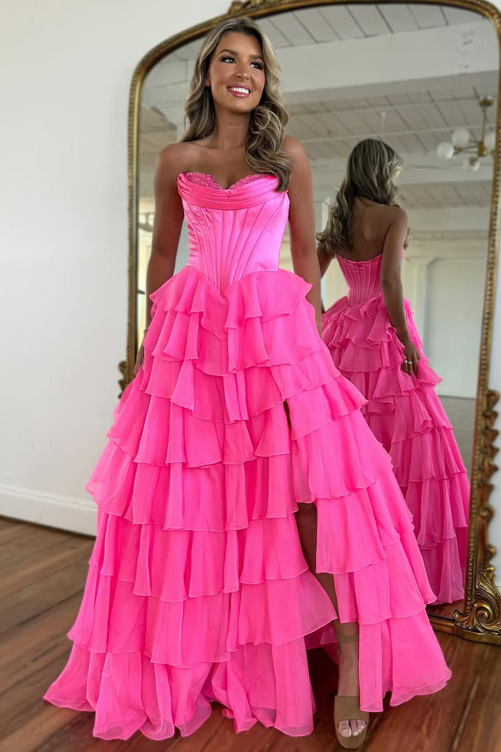Stunning A-Line Sweetheart Satin Top Long Tiered Chiffon Prom Dress with Slit
