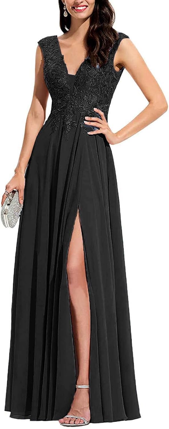 Chiffon Appliques Bridesmaid Dress Long V Neck Beaded Wedding Guest Gown with Split - View 7 | VelvetHem