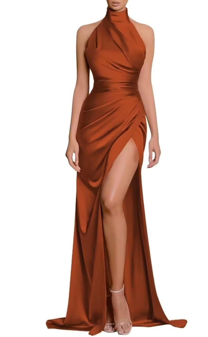 L0967 - Couture High Neck With Train And High Slit Formal Evening Party Prom Dress