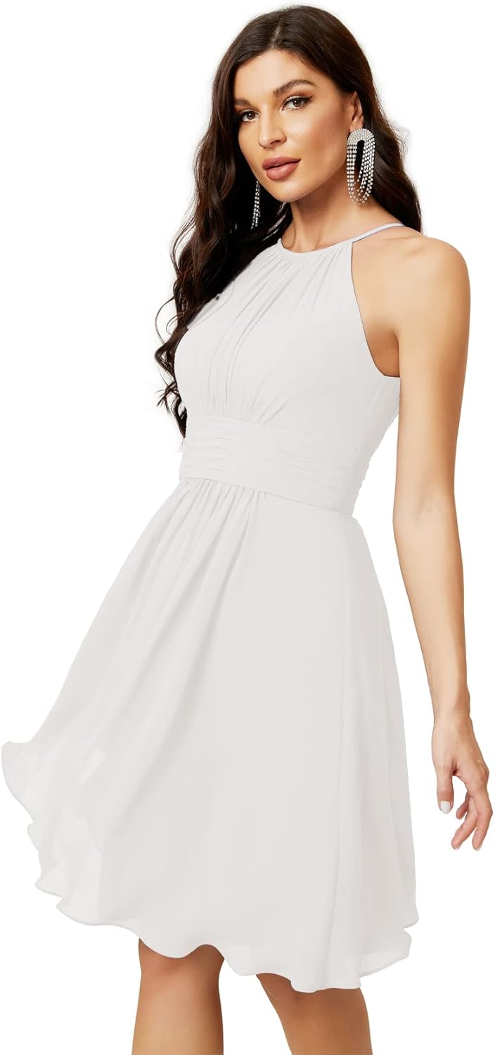 Sunnderly Short Halter Top Chiffon Bridesmaid Dresses Tea Length A Line Formal Evening Party Cocktail Dress Dusty Rose
