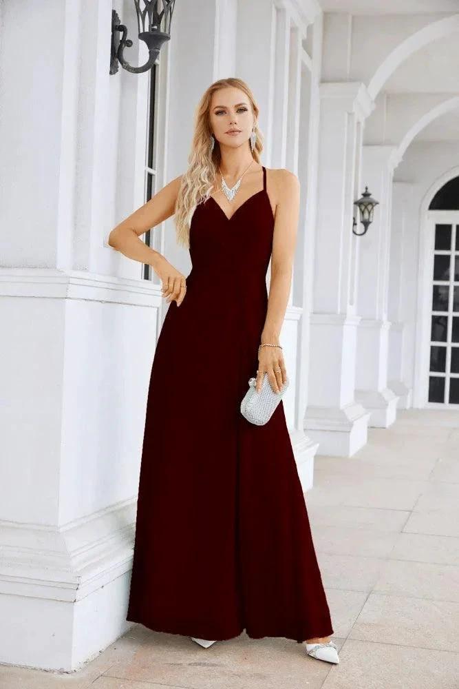 Ladies Chiffon Spaghetti Strap V Neck Front Slit Floor Length Bridesmaid Evening Dress Prom Party Wedding Evening Dress 28116 by numbersea