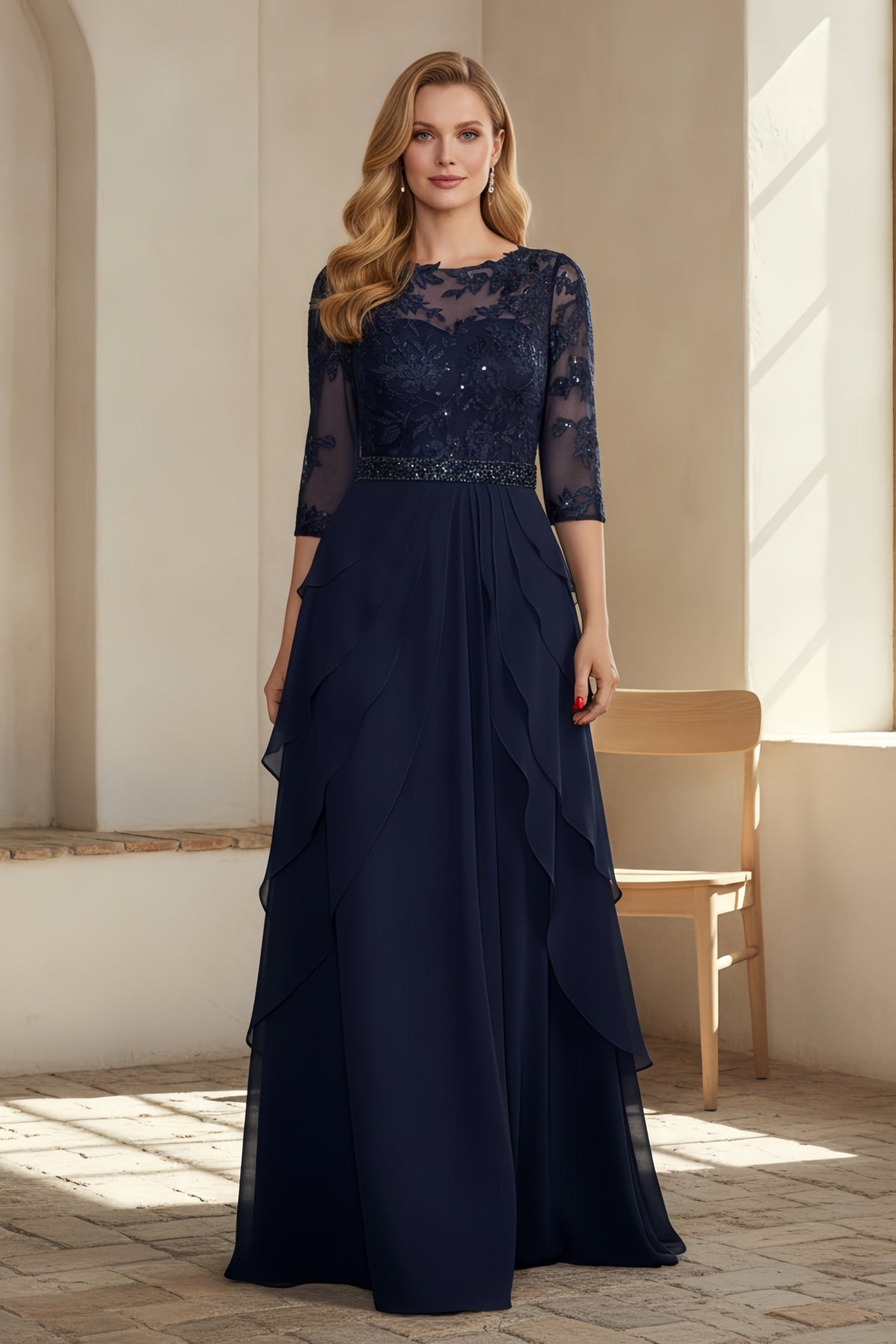 Elegant Lace Sequin Bodice Tiered Skirt Evening Gown - VelvetHem