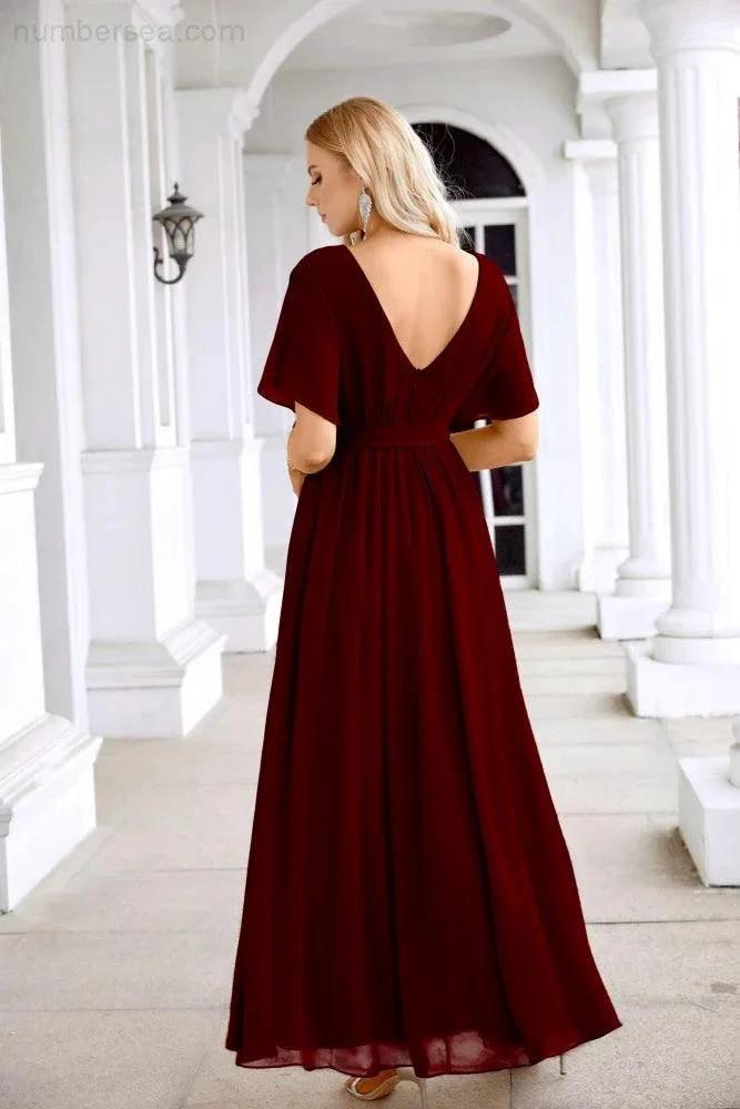 Ladies Chiffon Sleeve Crew Neck Front Slit Floor Length Bridesmaid Evening Dress Wedding Party Evening Dress 28124 (ZD17007)