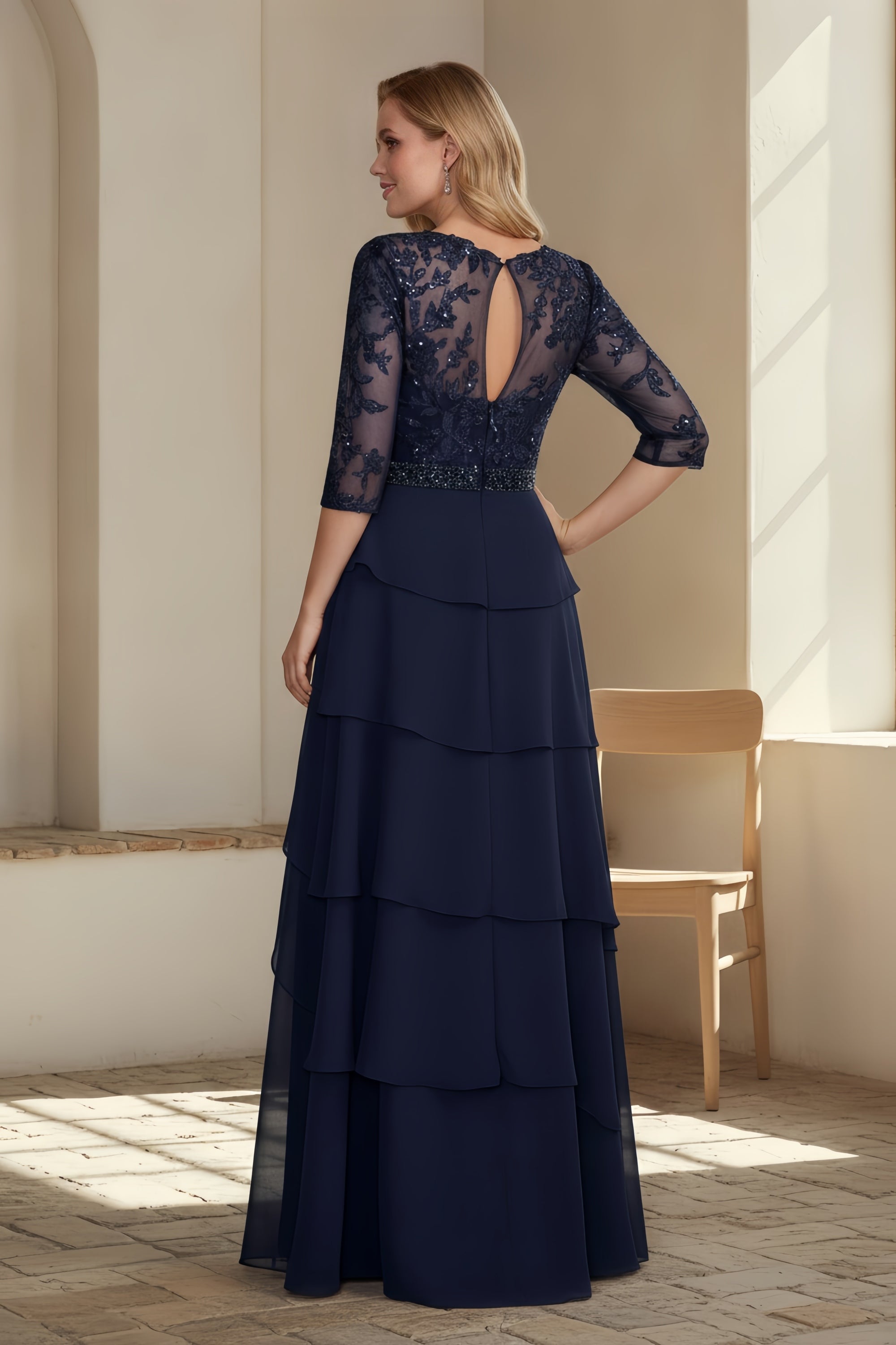 Elegant Lace Sequin Bodice Tiered Skirt Evening Gown