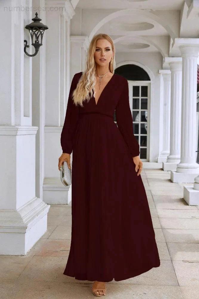 Ladies V Neck Chiffon Long Sleeve Front Slit Bridesmaid Evening Dress Wedding Party Shopping Evening Dress 28109 (ZD16991)