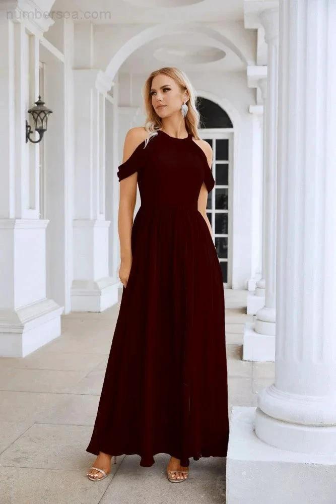 Ladies Chiffon Off Shoulder Swing Sleeve Front Slit Bridesmaid Evening Dress Wedding Party Evening Dress 28117 (ZD17011)