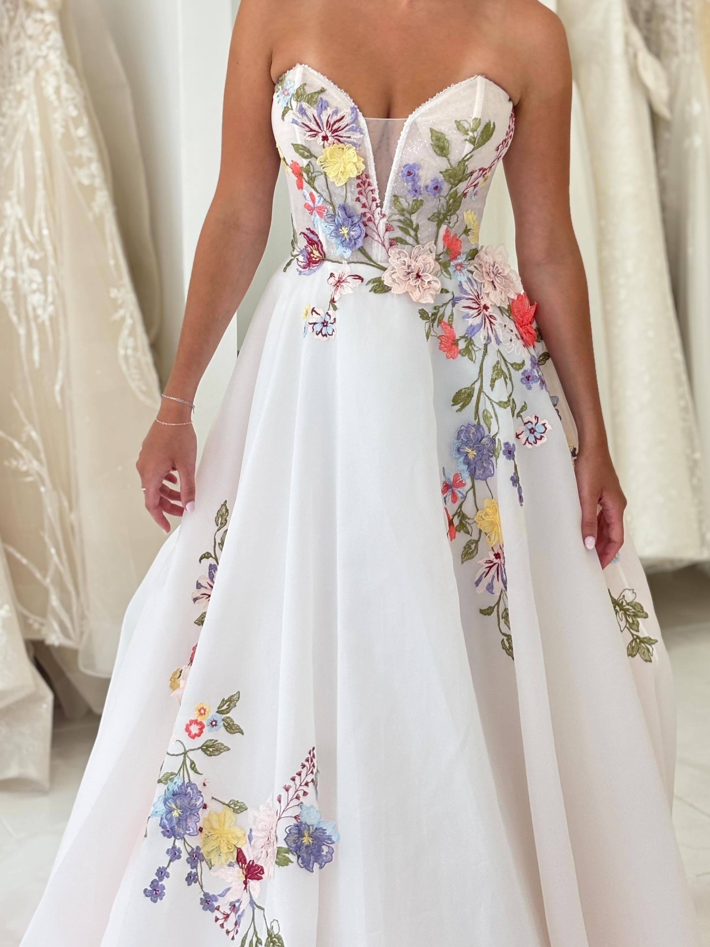 Romantic Colorful Floral Applique Voluminous Organza Wedding Gown