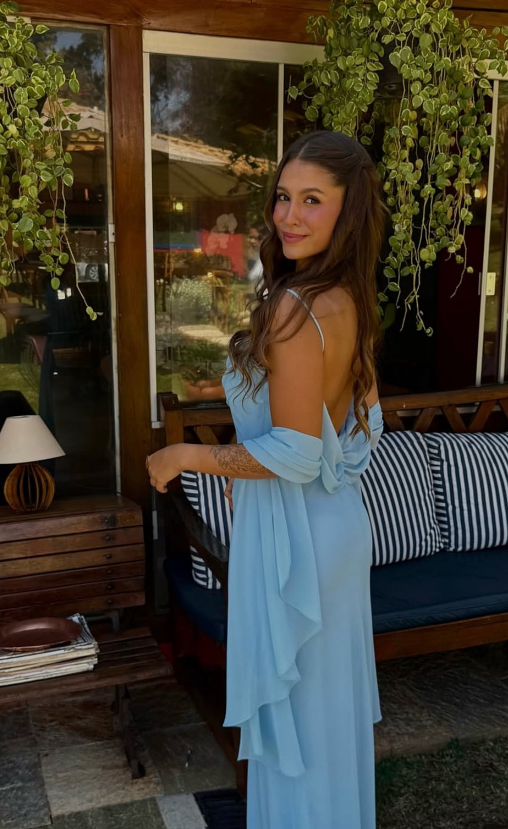 Spaghetti Straps Blue Chiffon Long Prom Dress Wedding Guest Dress J7968