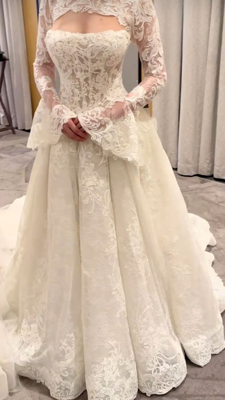Lace Ivory Wedding Dress With Long Sleeves Classy Wedding Gown - VelvetHem
