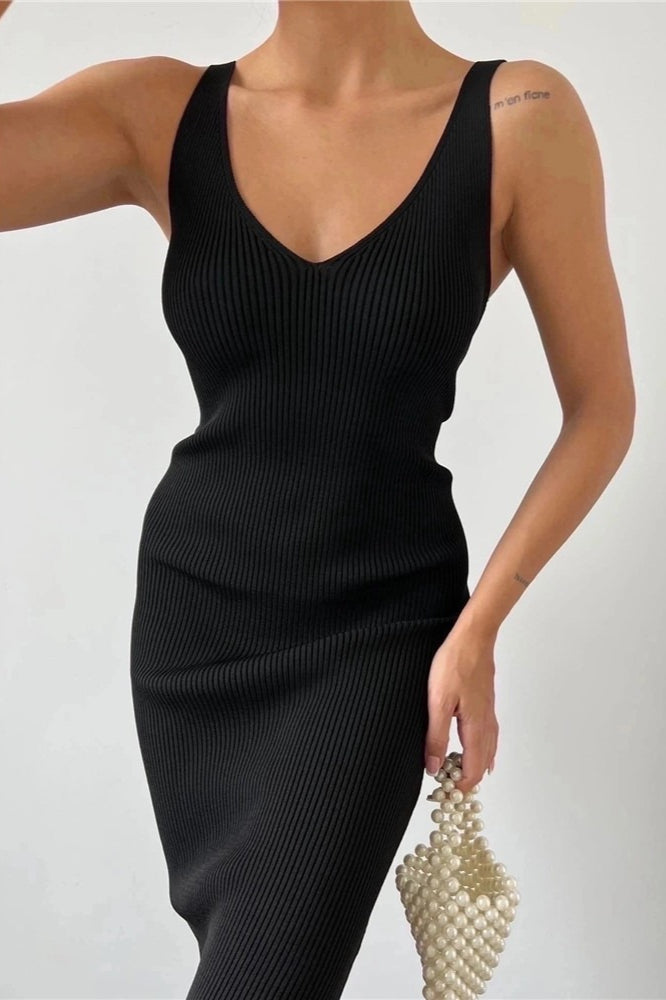 Sleeveless V-Neck Knit Bodycon Midi Split Sweater Dress - View 5 | VelvetHem