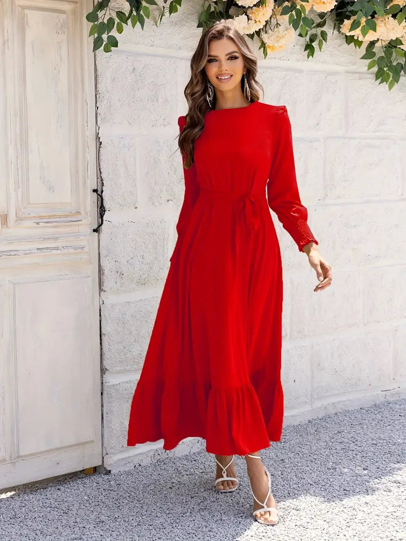 Elvia Minimalist Women's Belted and Flounced Maxi Dress Designer Edit