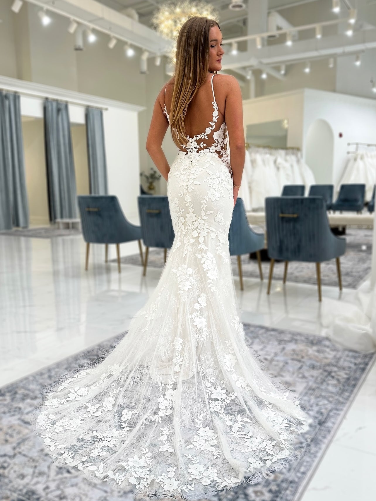 Spaghetti Strap Deep V Neck Floral Applique Mermaid Bridal Dress