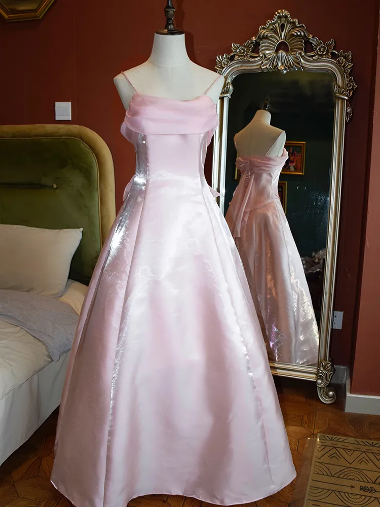 Sweet Pink Satin A Line Evening Dress Elegant Prom Party Dress
