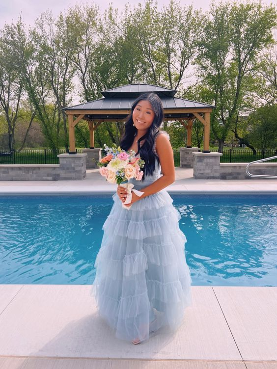 Light Blue Tulle Pleated Floor Length Junior Prom Dress