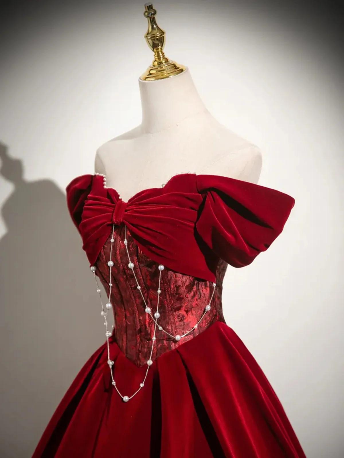 Wine Red Velvet Off Shoulder Long Prom Dress, Wine Red Sweetheart Party Dress Evening Dress