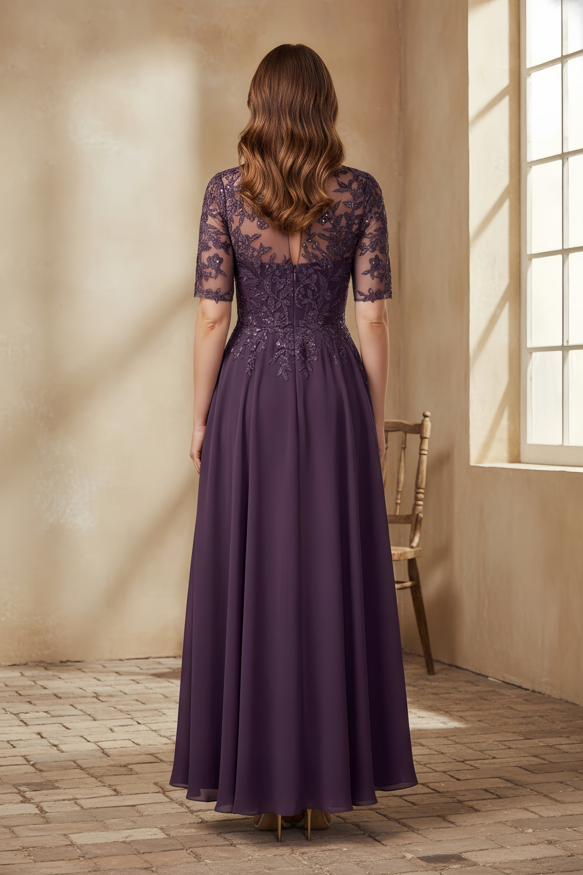 Elegant Lace Embroidered Half Sleeve High-Low Evening Dress