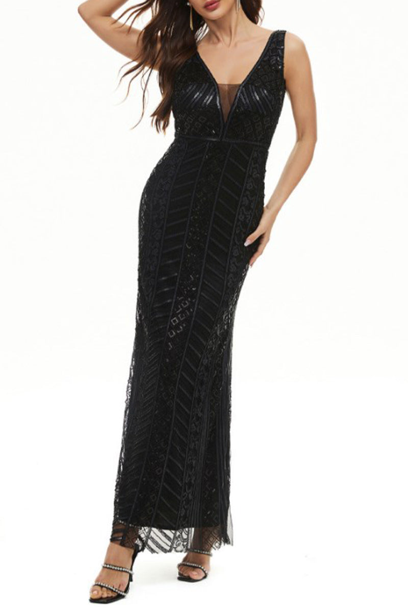 Sexy Formal Patchwork V Neck Evening Dress Dresses - View 2 | VelvetHem