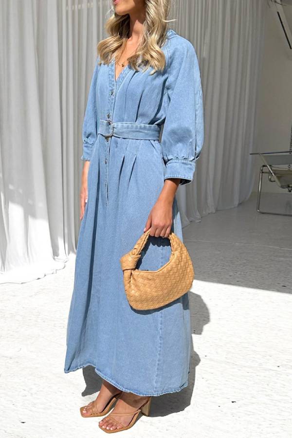 Sara Effortless Casual Denim Maxi Dress with Button Placket and Waist Premium Wardrobe Essential