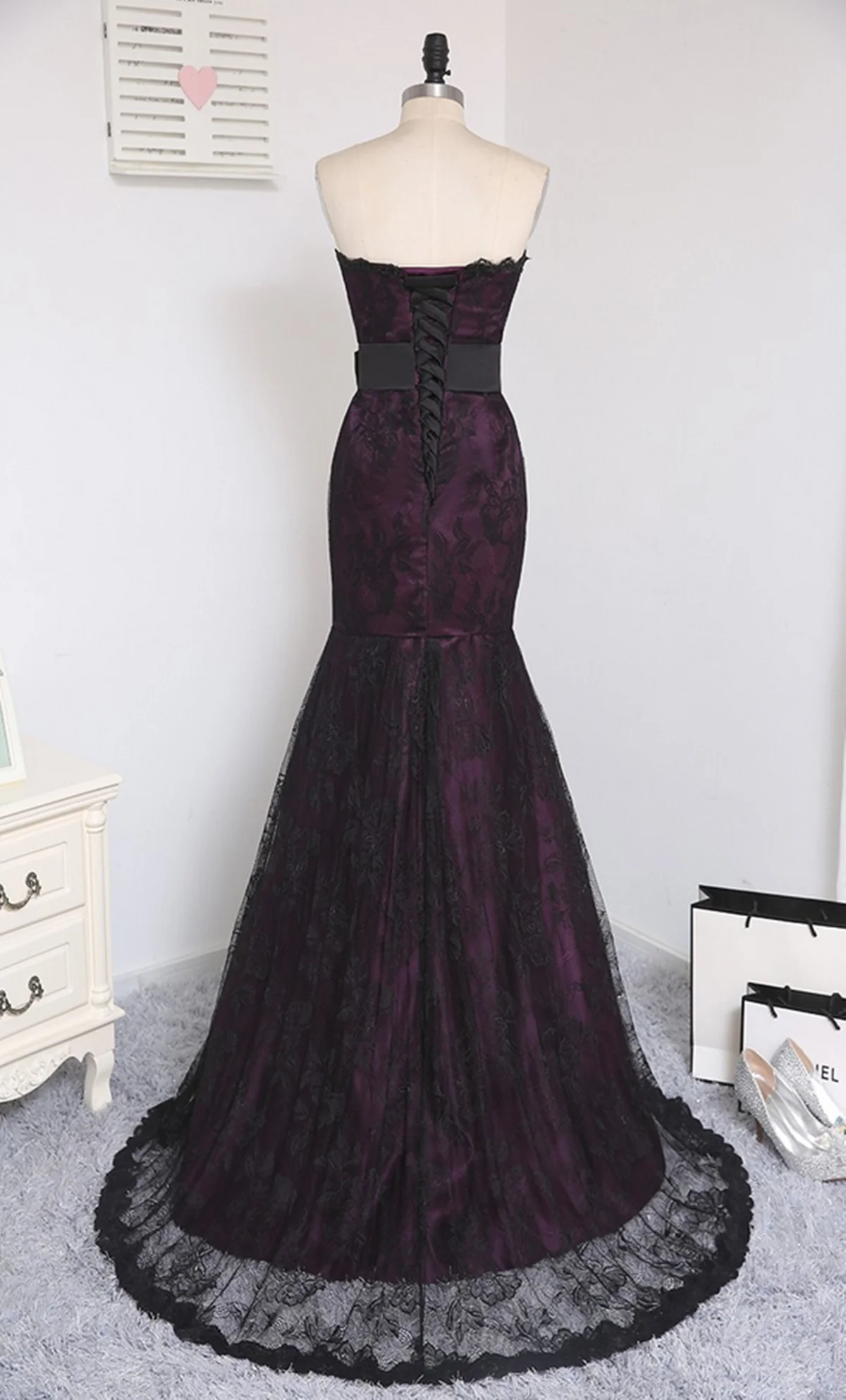 Gothic Purple and Black Lace Mermaid Prom Gown, Strapless Floor-Length Party Dress Evening Dress - View 2 | FashionDia