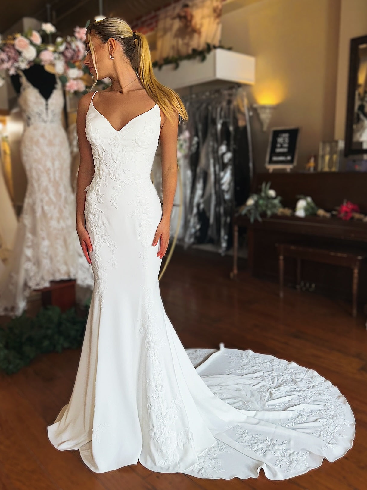 Spaghetti Strap V-Neck Floral Lace Open Back Mermaid Wedding Dress