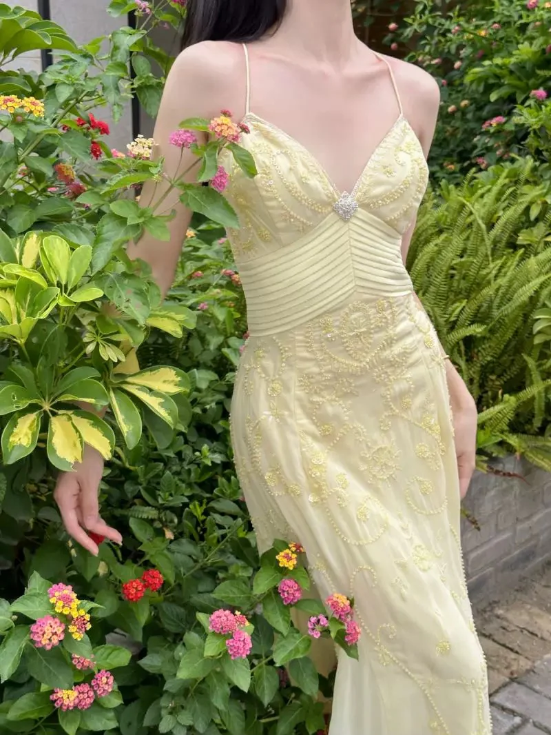 Beautiful Mermaid Spaghetti Straps Yellow Chiffon Beaded Prom Dress Long Party Evening Dress - FashionDia