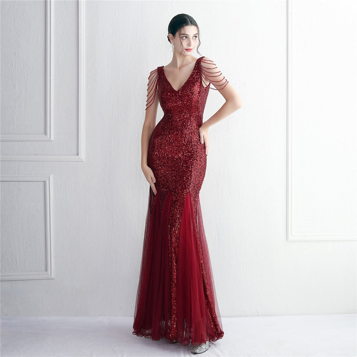 Sequin Mesh Craft Beaded Party Dress: Elegant Long Cocktail Slim Fit Evening Dress - View 3 | VelvetHem