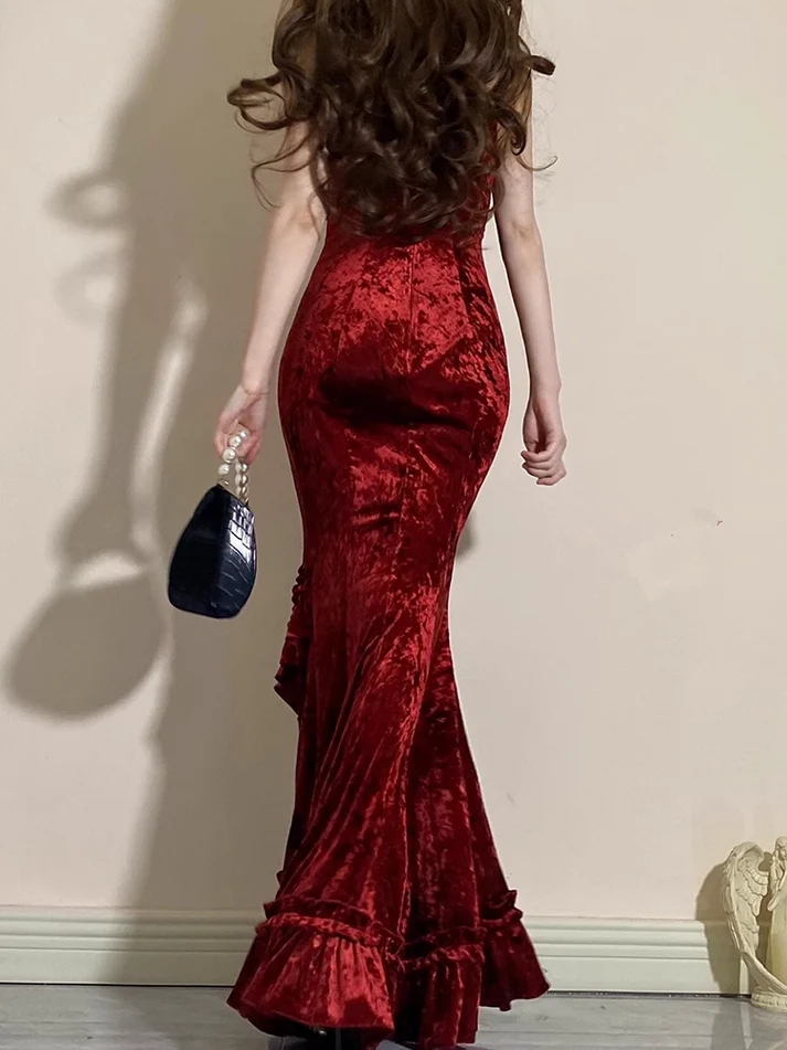 Vintage Burgundy Mermaid Ruffles Prom Dress Spaghetti Straps Long Party Dress Evening Dress - View 4 | FashionDia