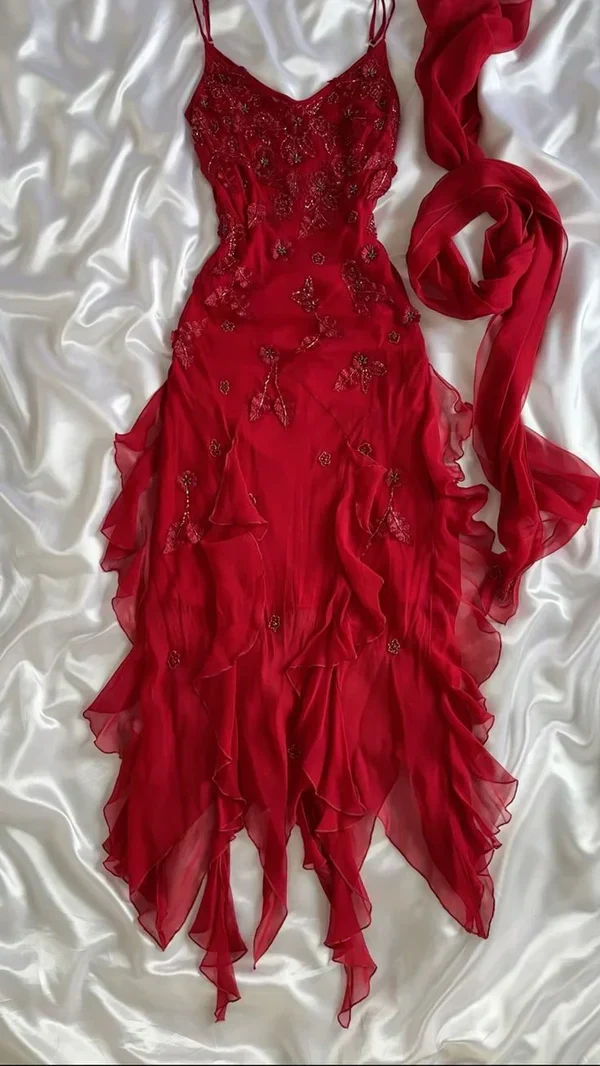 Fashion Chiffon Ruffles Beading Prom Dress Red Party Evening Dress - FashionDia