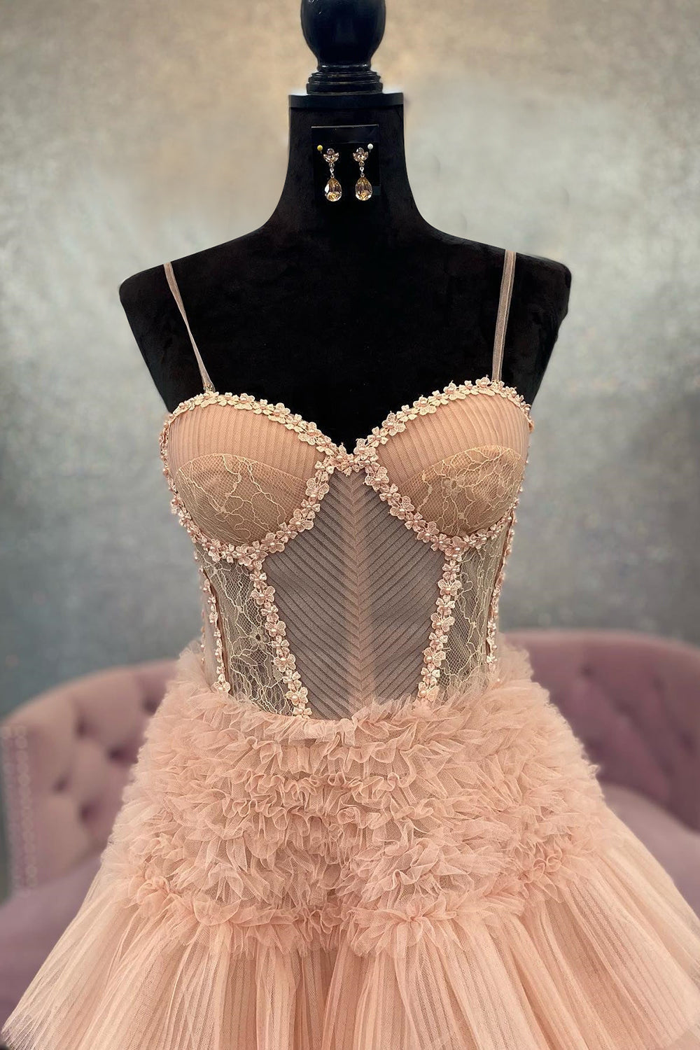 Charming A Line Spaghetti Straps Light Pink Corset Prom Dress with Ruffles