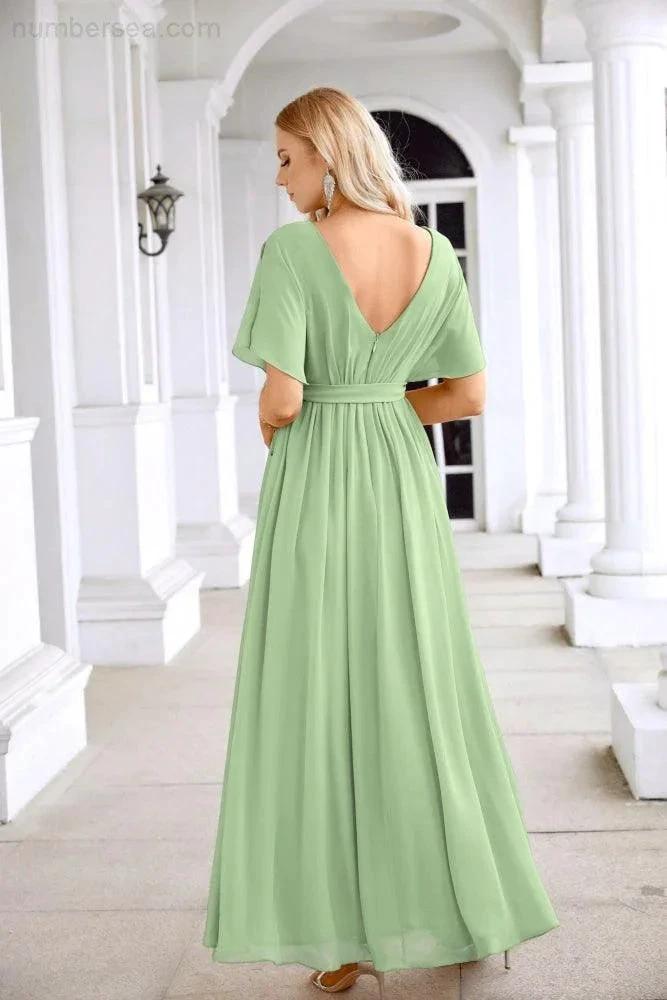 Ladies Chiffon Sleeve Crew Neck Front Slit Floor Length Bridesmaid Evening Dress Wedding Party Evening Dress 28124 (ZD17007)