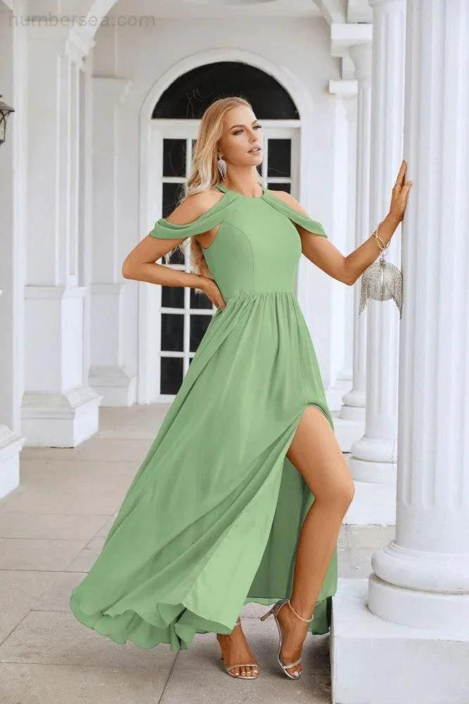 Ladies Chiffon Off Shoulder Swing Sleeve Front Slit Bridesmaid Evening Dress Wedding Party Evening Dress 28117 (ZD17011)