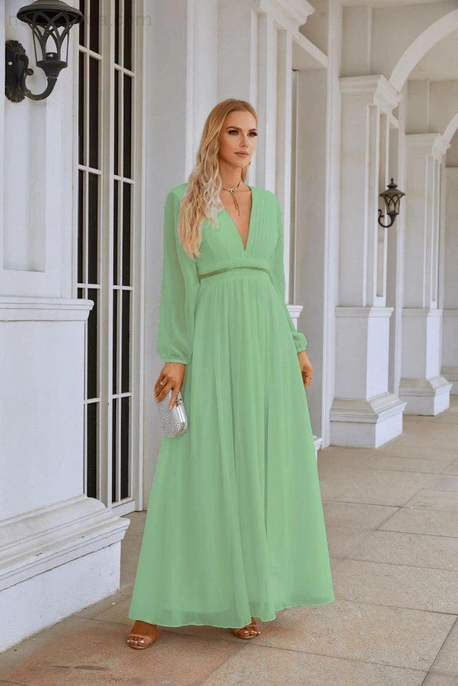 Ladies V Neck Chiffon Long Sleeve Front Slit Bridesmaid Evening Dress Wedding Party Shopping Evening Dress 28109 (ZD16991)