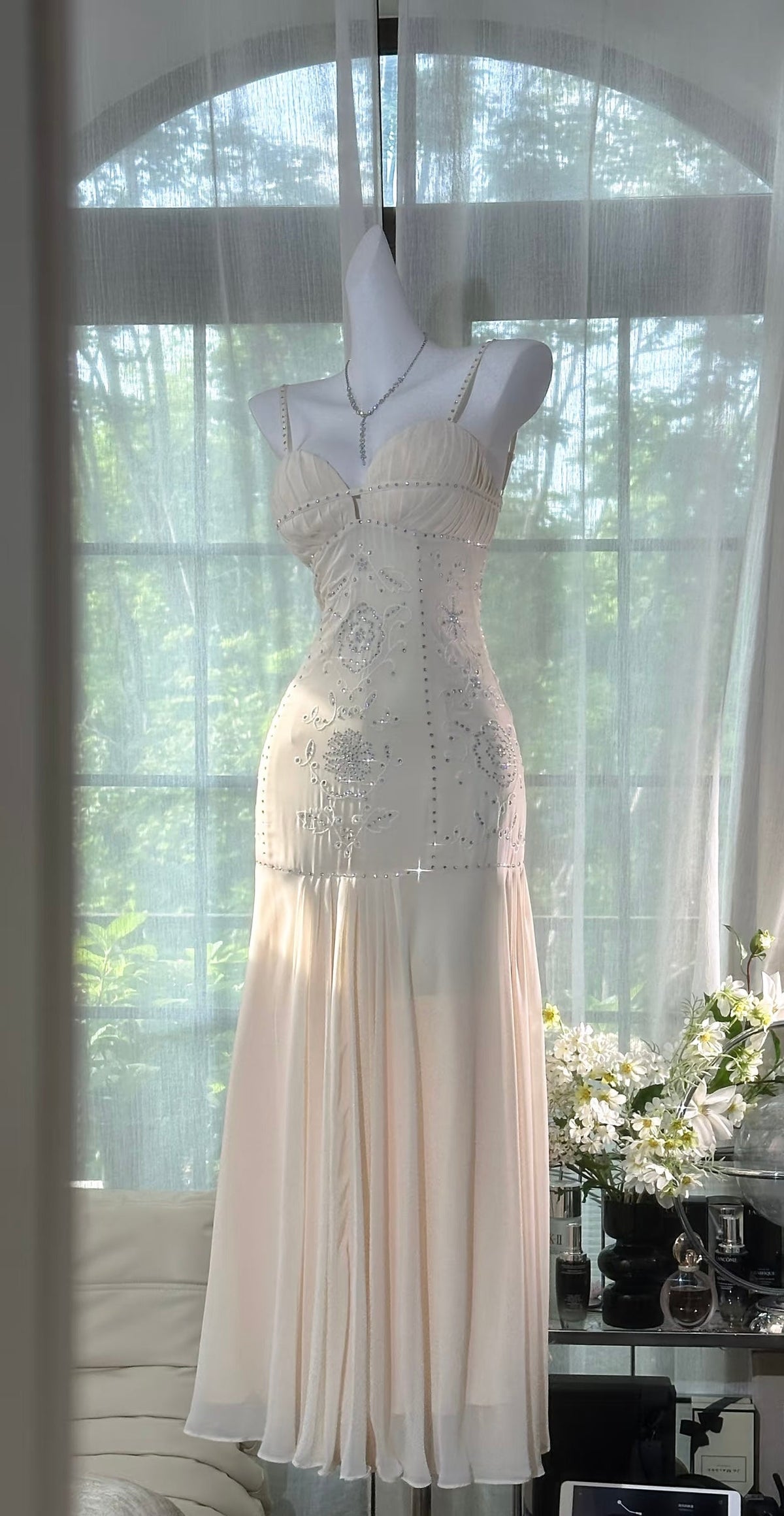 Spaghetti Straps Beige Mermaid Prom Dress Beaded Evening Dress J7716